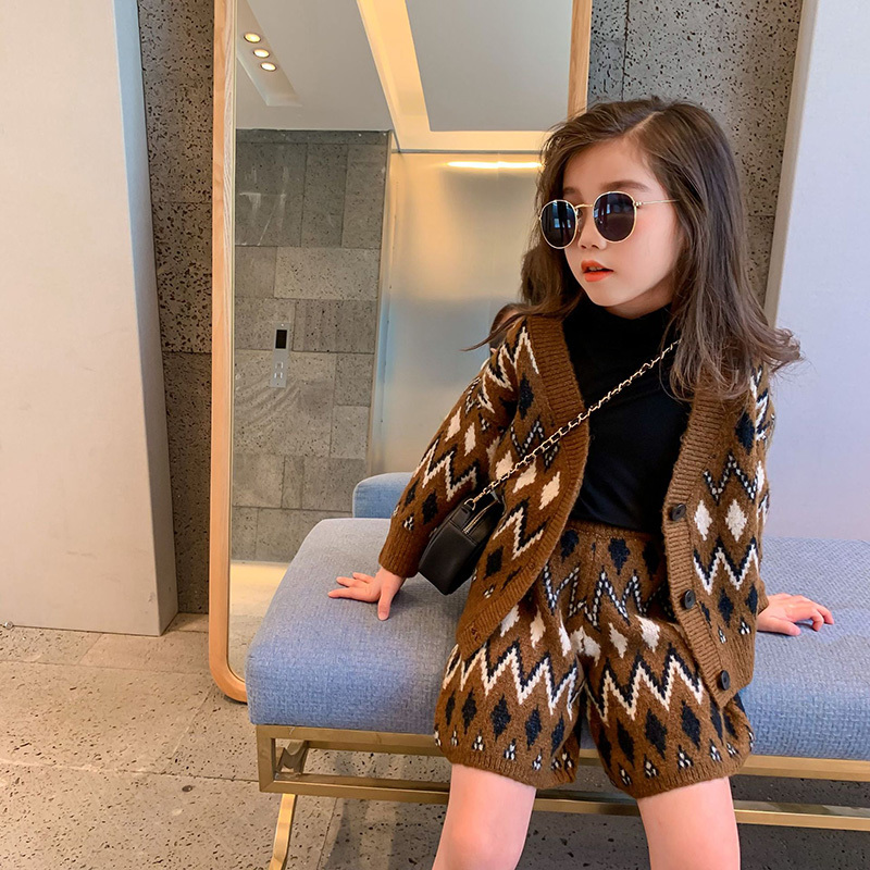 MILANCEL 2020 Girls Winter Clothes Boys Clothes Set Plaid Sweaters Brown Shorts 2 pcs Kids SetX1019