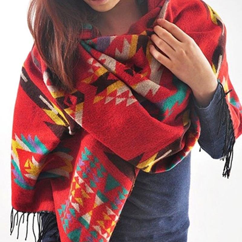 Stylish Women Boho ethnic printed Hoodie Cape Poncho Acrylic Wool Shawl Scarf Fashion Girls Sweater Fringe Hooded Wraps