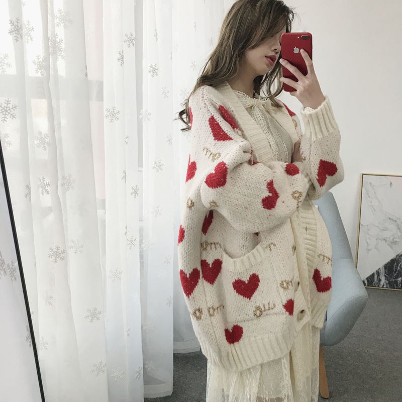 AZYT Autumn Winter Women's Sweater Coat Sweet Heart Print Oversize Knit Female Cardigan Harajuku Loose V Neck Knitwear Tops 201031