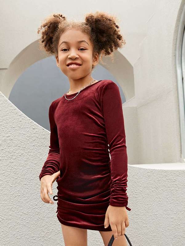 Girls 1pc Drawstring Side Ruched Velvet Dress SHE