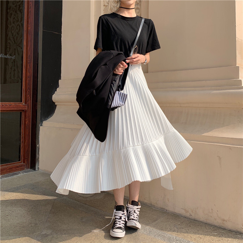 LANMREM Solid Color Elastic High Waist Stitching Ruffled Irregular Pleats Woman Skirt Simple Fashion Autumn New TV518 T200324