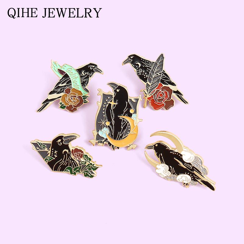 

Pins, Brooches Gothic Raven Flower Enamel Pin Custom Bird Feather Moon Animal Bag Lapel Badge Punk Jewelry Gift For Friends