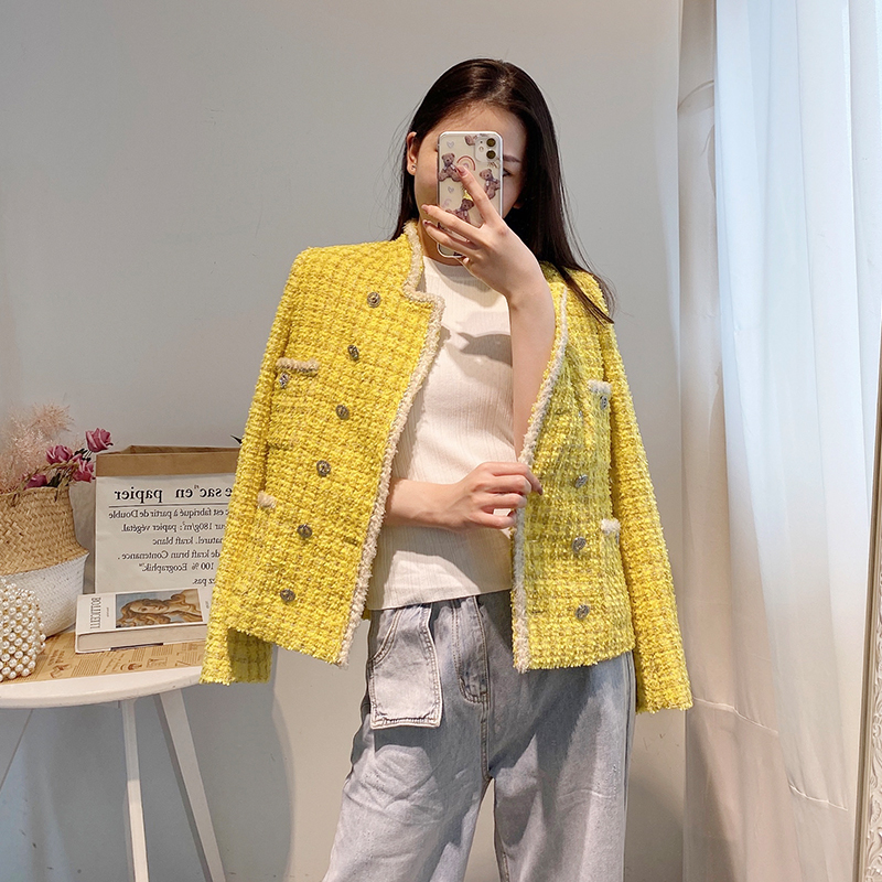 High Quality Runway Women Tweed Jacket Autumn Office Ladies Double Breasted Crystal Buttons Kpop Yellow Plaid Jackets Coat 201014