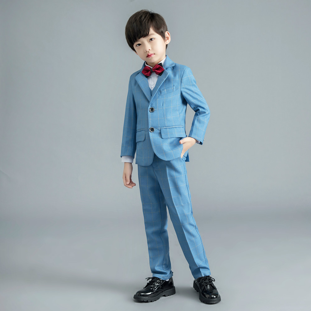 Blue Check Custom Made Little Boys Pants Suits 2 Pieces Set Tuxedos for Wedding Dinner Children Kids Tuxedo