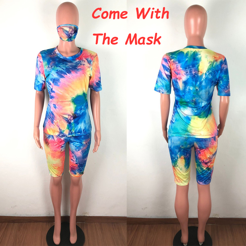 Tie Dye Print Short Two Piece Set Women Summer Clothes Top and Biker Shorts Sets Sportswear Casual 2 Piece Sets Womens Outfits 201104