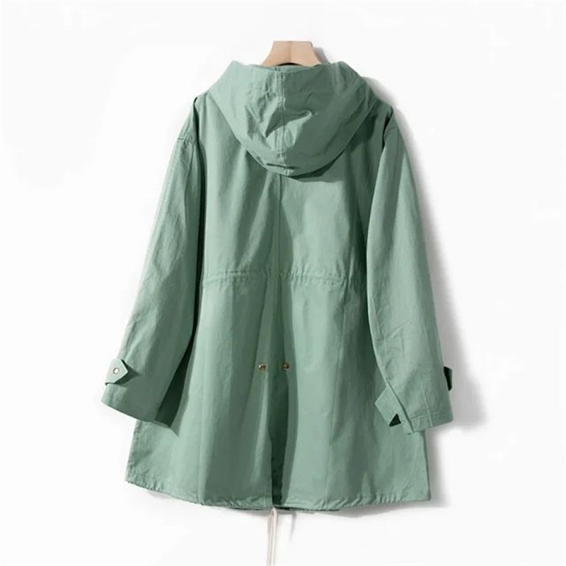 Women Trench New Loose Candy Drawstring Waist Trench Coat Mid-length Hooded Jacket 201102
