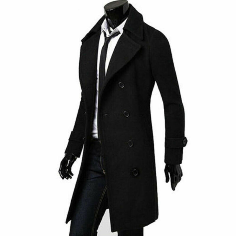 Fashion- Men Wool Trench Coats Jacket Classic Slim Lapel Peacoat Mens Winter Double Breasted Long Coats Outerwear