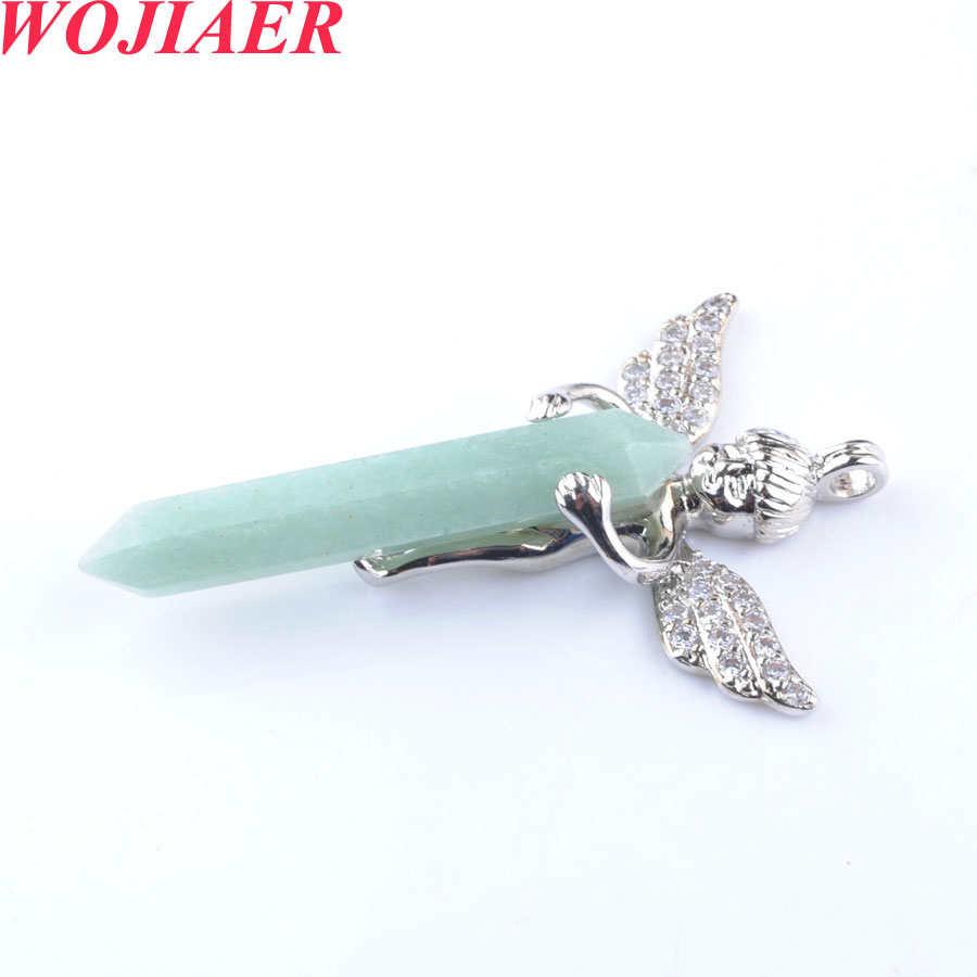 WOJIAER Natural Stones Pendant Long Sword Hexagonal Prism Cupid Angel Wings for Necklaces Crystal Women Men Jewelry DBO907