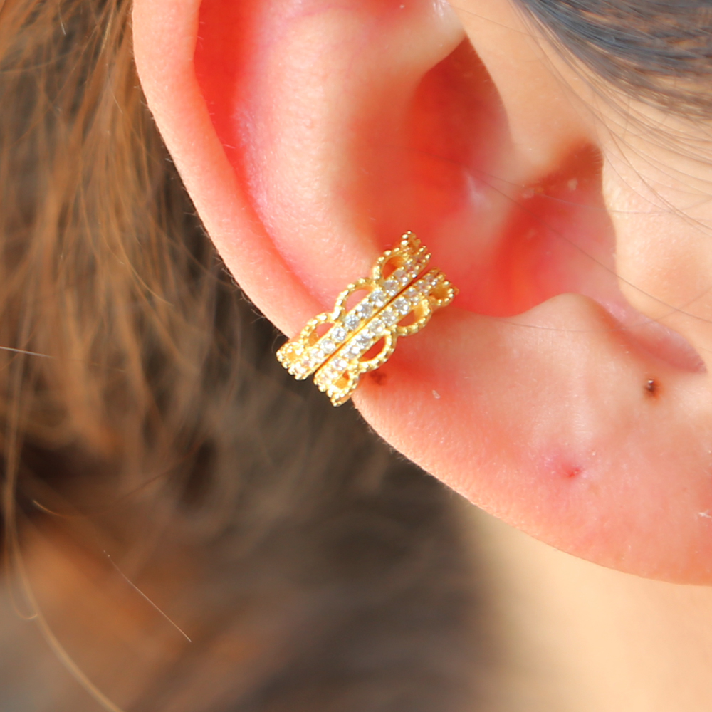 1 Piece Real 925 Sterling Silver Gold Plated Women Ear Cuff Micro Pave CZ Lace Band Romantic Women Clip on Earring Wholesale