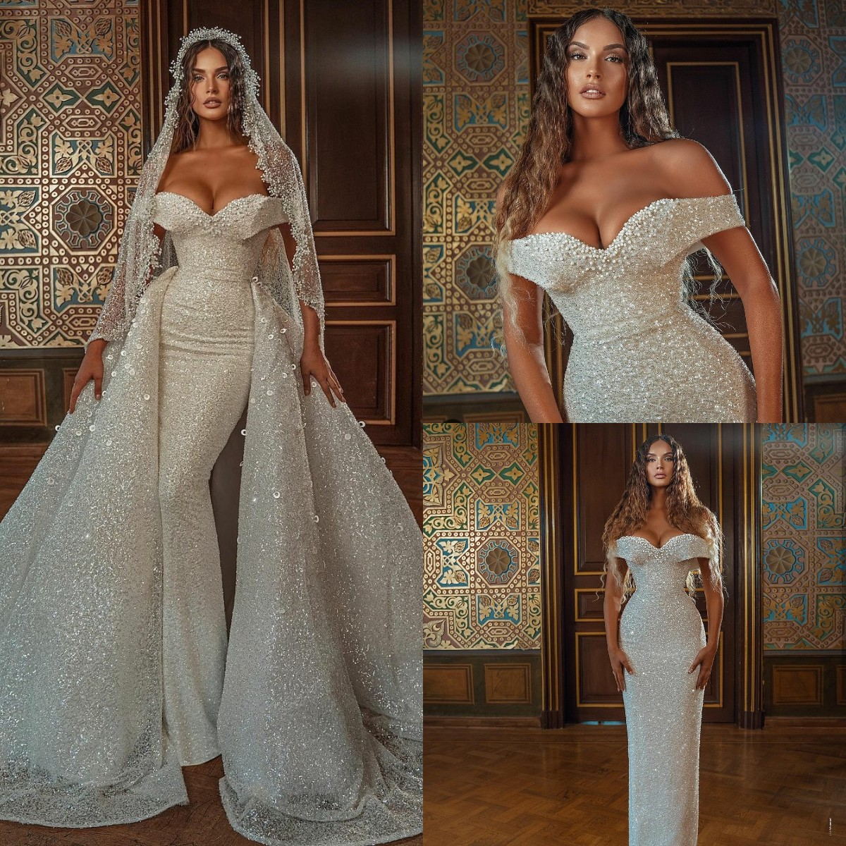 2021 Dubai Mermaid Wedding Dresses with Detachable Train vestidos de novia Beaded Off Shoulder Sequined Bridal Gowns
