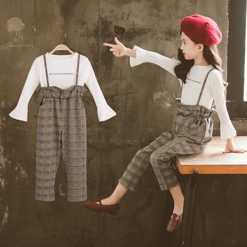 Girls Clothing Sets Autumn Winter Kids Long Sleeve Shirts + Rompers Pants Suits Children Baby Girl Clothes 7 8 9 10 12 13 YearX1019