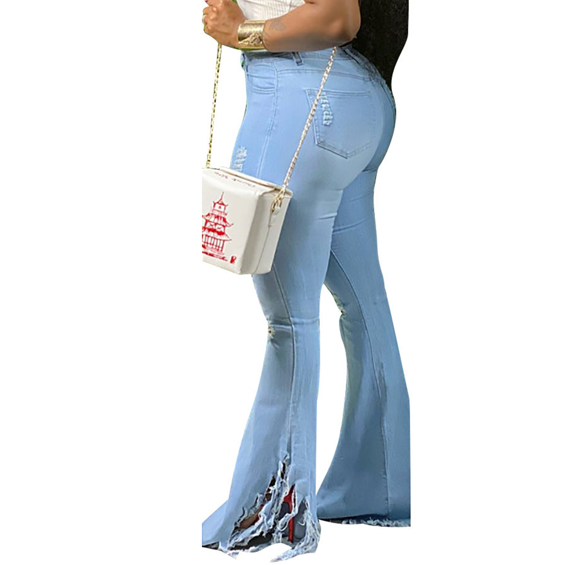 Muyogrt Women Flare Jeans High Waist Fringe Denim Skinny Pants Woman Stretch Jeans Female Wide Leg Jeans Bell Bottoms Clothes 201012