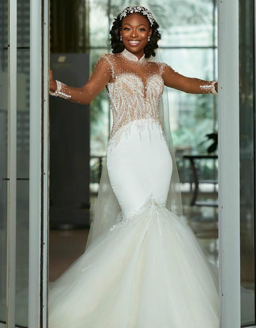 Beaded Mermaid Amazing Wedding Dresses Sequined High Neck Long Sleeves Bridal Gowns Sweep Train Tulle Robe De Marie