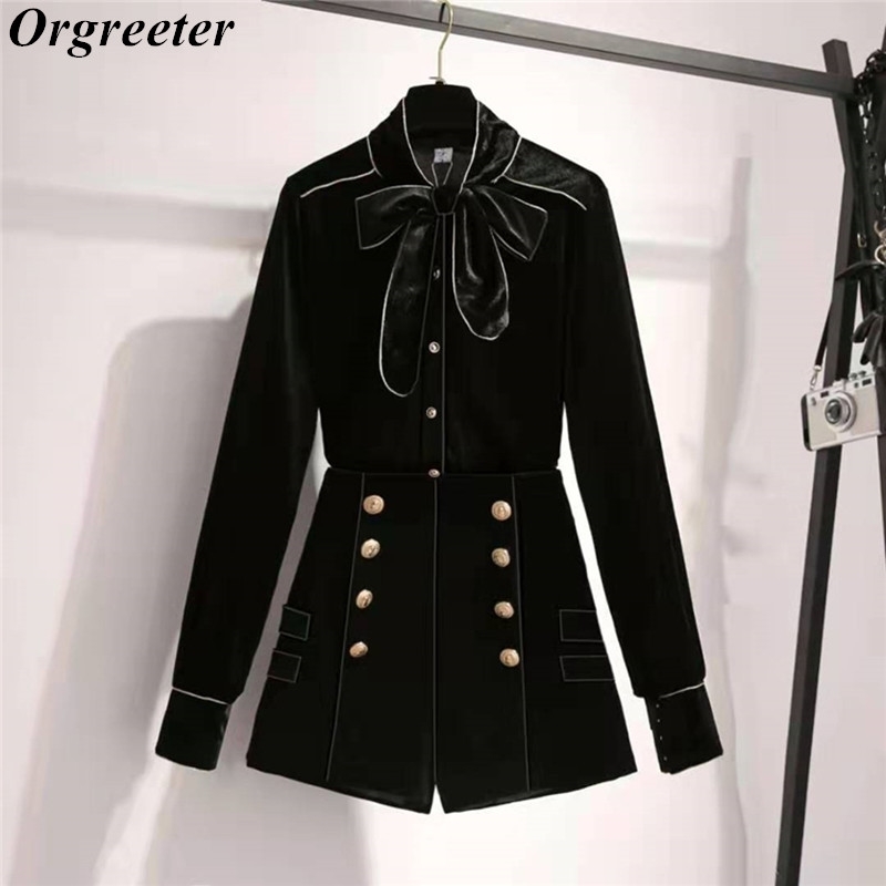 Autumn New Golden velvet Shorts Suits Ladies Two piece set Bow lace up collar Shirts and Double-breasted High waist Shorts Suits 201120