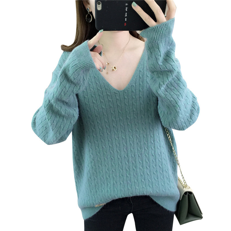 Casual V-Neck Women Sweater Winter Warm Jumper Pink Loose Cashmere Sweater Knitted Pullover Top Pull Hiver Femme 201225