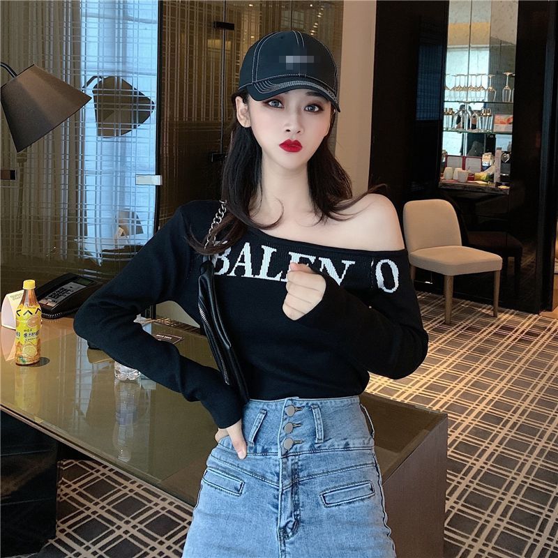 Women's Spring Autumn Knit Sweater Slim Fit Full Letter Knit Tops Sexy Slash Neck Off-Shoulder Bottoming Pullover Sweater ML721 201023