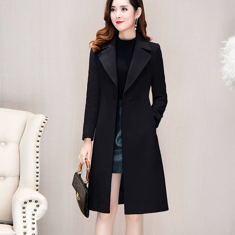 Women Woollen Overcoat Women's Mid Length Over Knee Autumn Winter Waist Suit collar Red Woollen Black Khaki Coat 201103