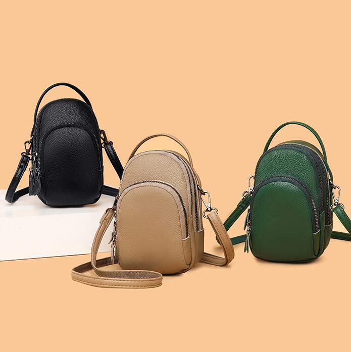 Wholesale factory ladies Genuine leather shoulder bags simple solid color leathers handbag 3-layer zipper women mobile phone bag Joker black fashion coin purse
