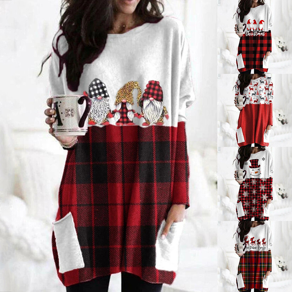 40# Women Christmas Blouse Color Matching Print Long-Sleeved Sweatshirt Shirt Casual Plus Size Plaid Tops Pullover Ropa Mujer 201125