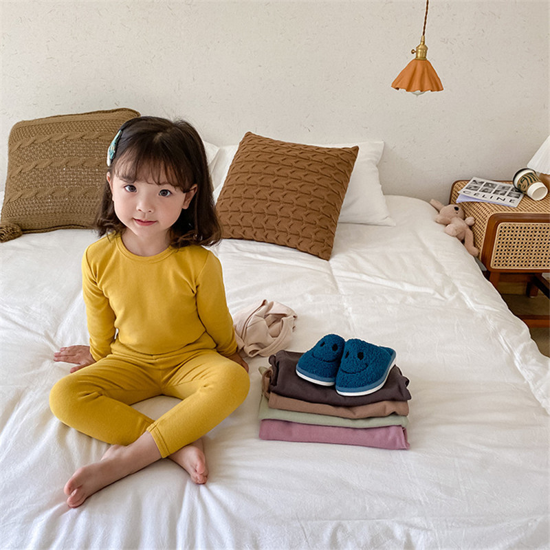 Baby girls pure color sanded pajamas sets fashion long sleeve T shirt and pants suit homewear for Toddler KidsX1019