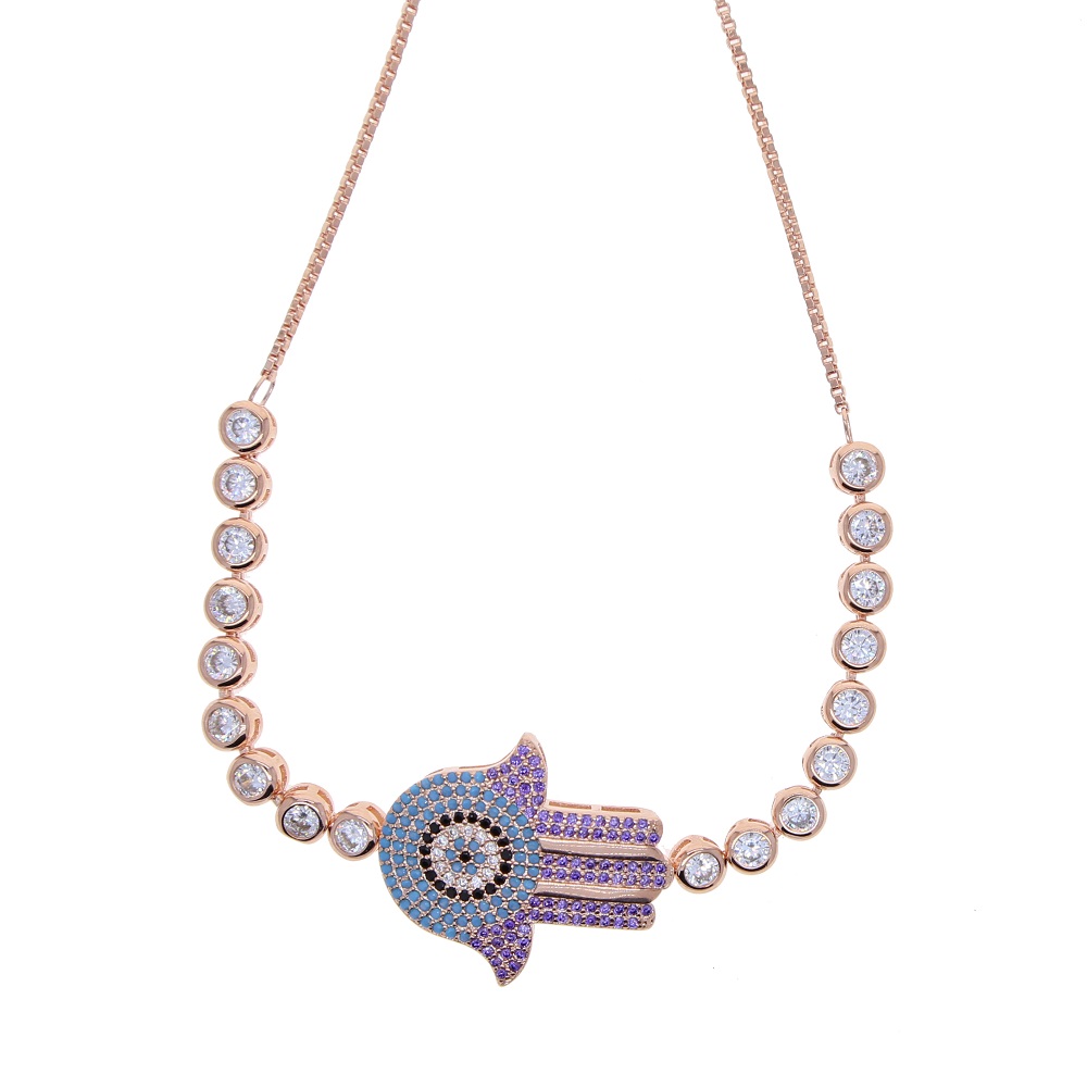 New Rose Gold Color Blue Purple CZ paved Turquoises Stone Adjust Tennis chain bracelet for women Lucky Hamsa Hand Bracelet Wholesale