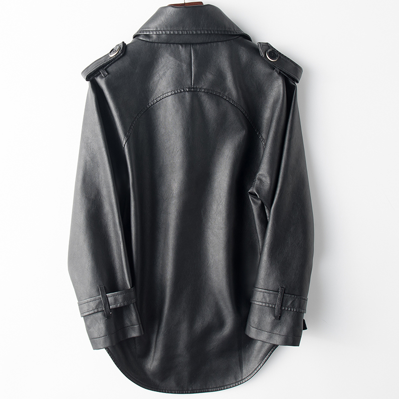 Lautaro Black faux leather trench coat for women raglan sleeve women fashion clothing Double breasted leather jacket women 201030