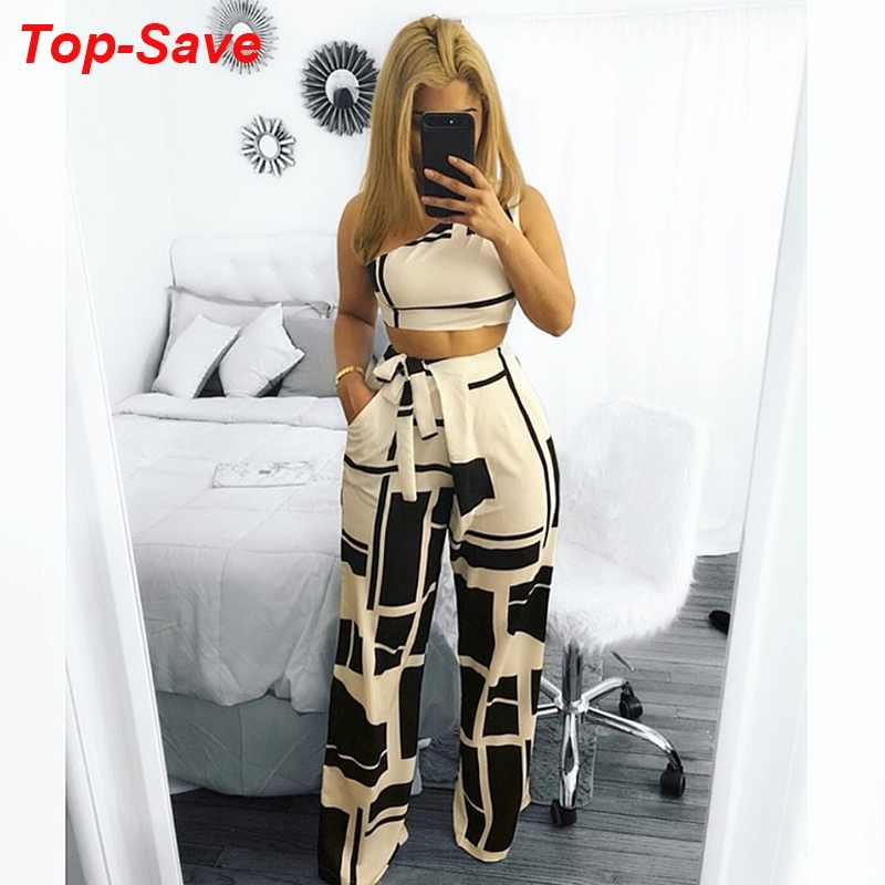 New Arrival Summer Two Piece Set Women One Shoulder High Waist Wide Leg Pants Printed Vintage Ladies Matching Set Outfits T200603