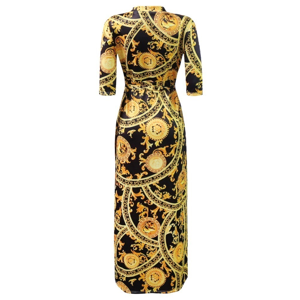 HAOOHU Plus Size chain Bohemian Long Dress Plus Size Women Autumn Winter Tunic Maxi Beach Dress gold Female FloorLength Vestido T200320