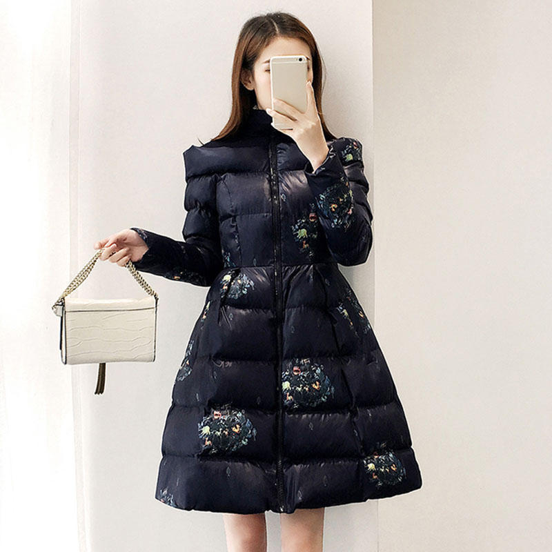 Stand Collar Long Winter Jacket Women A-Line Print Coat Women Thicken Parkas Mujer Warm Overcoat Cotton Jacket Female C5810 201029