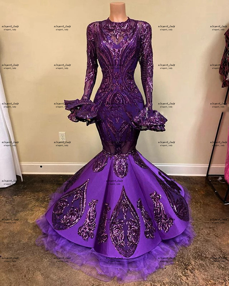 Sexy Mermaid Long Sleeve Prom Dresses 2022 Purple Sequin applique Black African aso ebi Girl Party Long evening Dress
