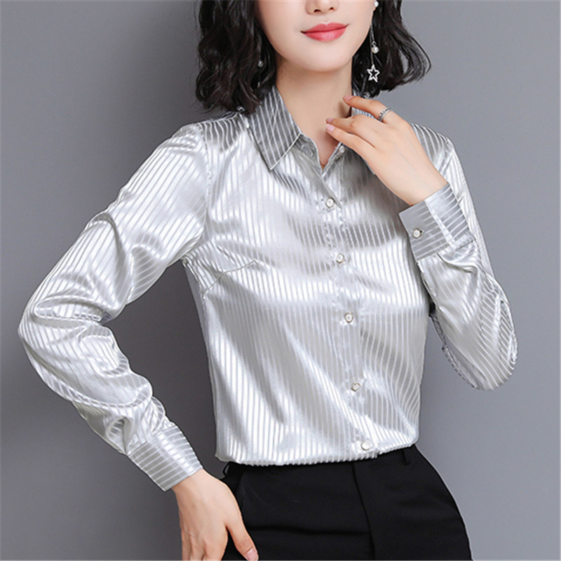 Fashion Autumn Women Silk Shirts Woman Striped Satin Shirt Plus Size Silk Blouses Womens Tops and Blouses Blusas Mujer De Moda T200322