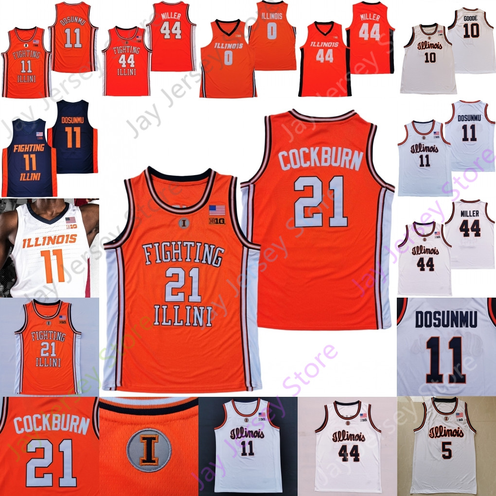 Illinois Fighting Illini Basketball Jersey NCAA College Ayo Dosunmu Kofi Cockburn Trent Frazier WilliamsAndre Curbelo Hawkins Omar Payne Nichols Nunn Anderson, Orange round collar