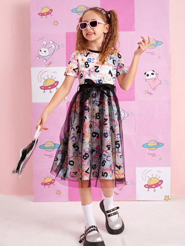 Girls Number Print Contrast Mesh Dress SHE