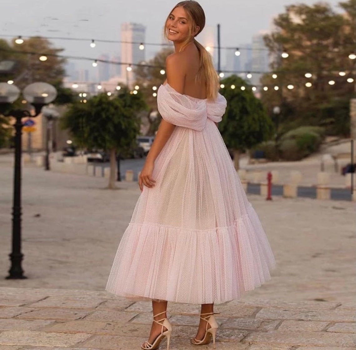 Vintage Light Pink Tea Length Prom Dresses Off The Shoulder A Line Long Formal Party Gowns Corset Tulle Evening Dress For Women Girls Engagement Speci