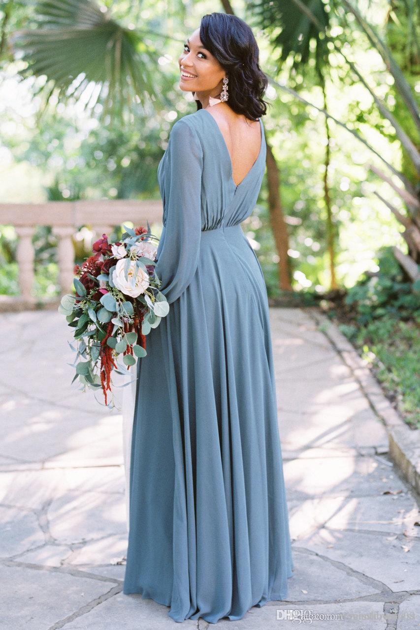 V Neck Bohemian Chiffon Bridesmaid Dresses Long Sleeves Pleats Floor Length Wedding Guest Dress Maid Of Honor Robes De Demoiselle D'honneur Moise
