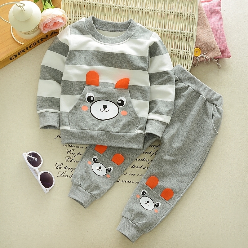 Spring and autumn baby boy clothes cartoon cute bear stripe printed cotton two-piece suit baby boy clothes casual baby suit LJ201202