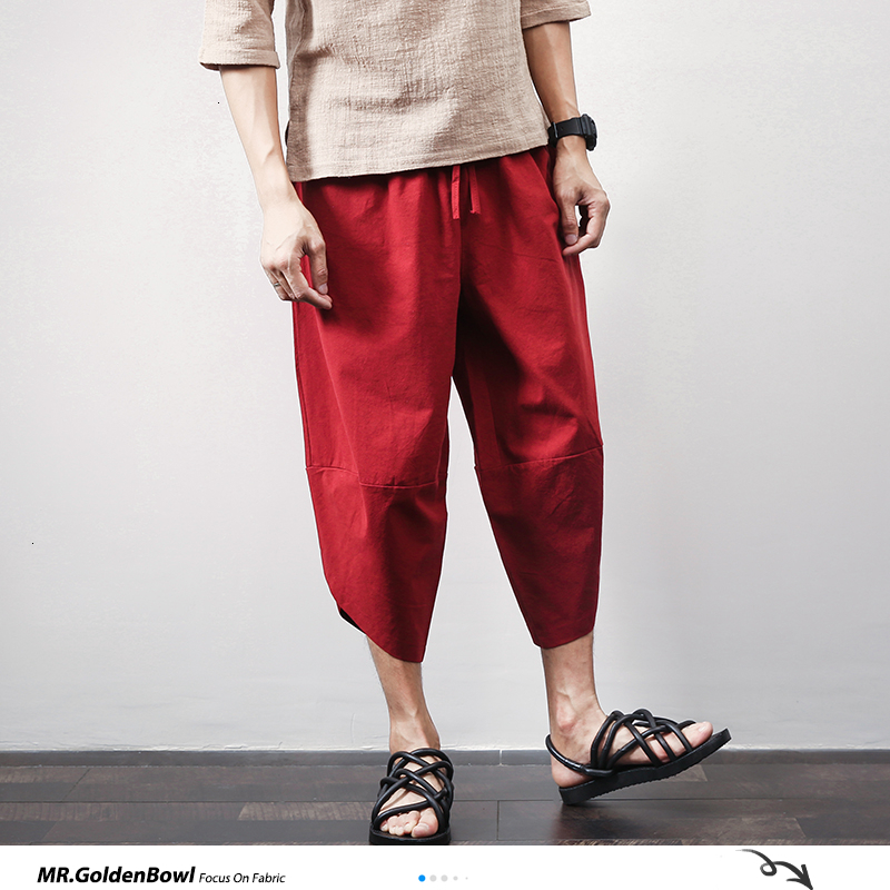 Sinicism Store Cotton Linen Mens Harem Pants Summer Male Casual Calf-Length Pants Solid Big Pocket Baggy Pants Trousers 201027