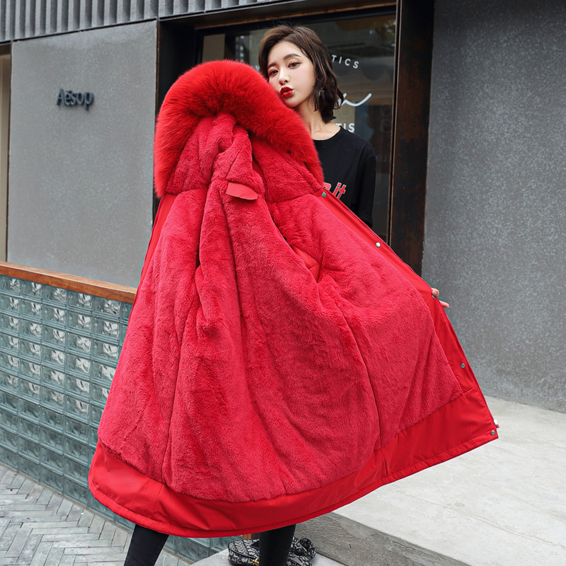 New Cotton Liner Parker Parka Fashion Adjustable Waist Fur Collar Winter Jacket Women Medium Long Hooded Parka Coat 201119