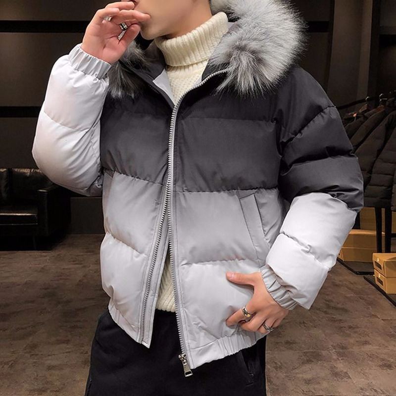 Winter Casual Parka Men Coat With Big Fur Collar Gradient Color Outwear Waterproof Thicken Warm Gradual hooded Outwear Jacket 201127