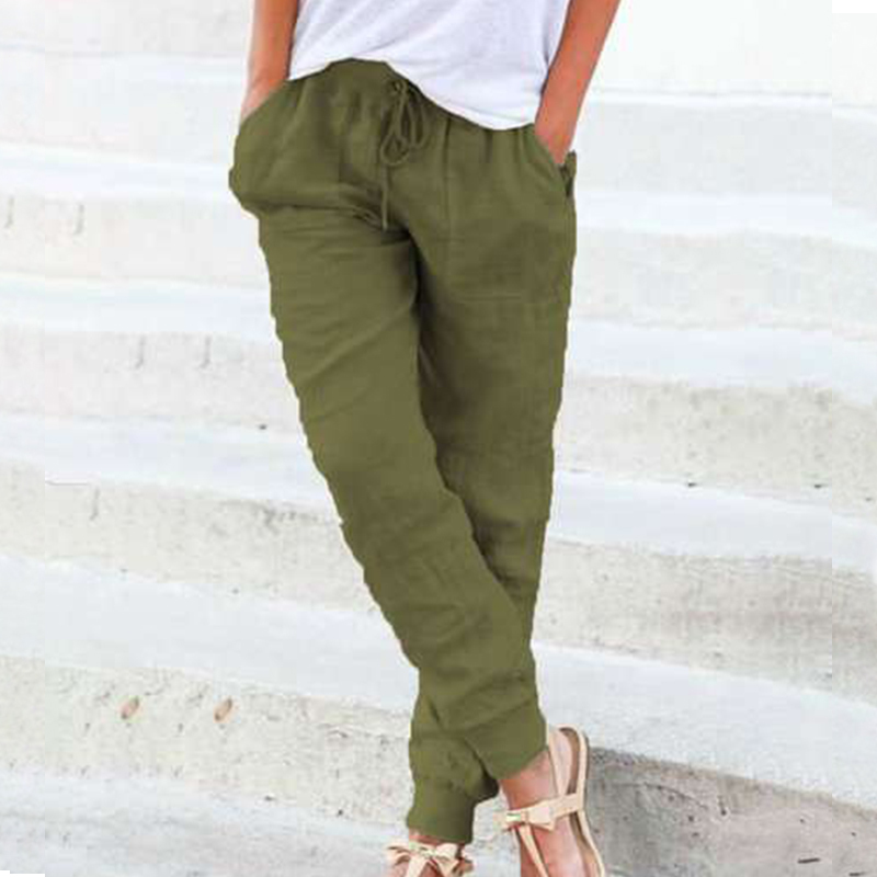 Solid Cotton Linen Women Pencil Pants Spring Casual Elastic High Waist Trousers Women Plus Size Drawstring Long Pants 3XL 201111