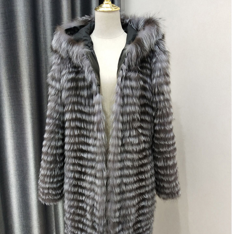Real silver fox fur coat women winter natural fur jacket female outerwear hooded overcoats slim 201103