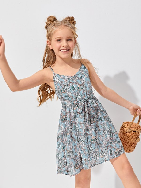 Girls Allover Paisley Print Belted Slip Dress SHE