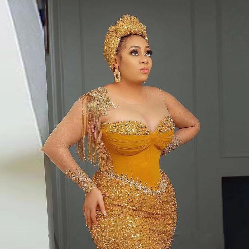2022 Aso Ebi Glitter Gold Mermaid Prom Dresses Sheer Long Sleeves Bling Sequins Beaded Evening Gowns Zipper Back Formal Party Dress Pageant Wear Speci