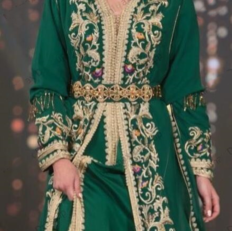 Elegant Green Muslim Formal Evening Dresses Gold Lace Appliques Luxury Designer Moroccan Kaftan Islamic Saudi Arabic Party Gowns Prom Dress