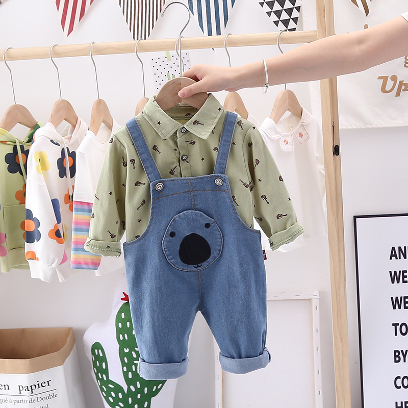 Medium-small tb Treasure 0-4 Years Old Autumn Clothing New Style BOY'S Versatile Long-sleeved Shirt Casual Cowboy Suspender PantX1019