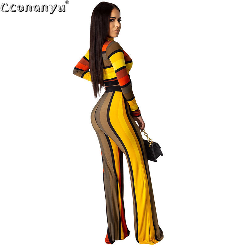 Elegant Striped print two-piece set Casual long-sleeved Top And Long Pants fashion temperament sweatsuit 201120