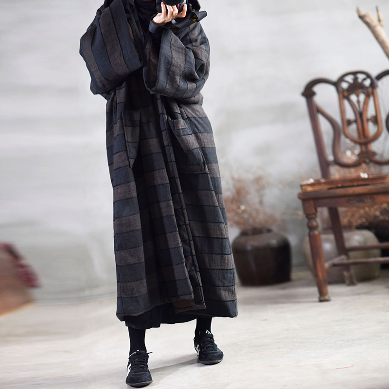 Johnature Women Vintage Cotton Parkas Coats Spring Striped Loose Simple Casual Warm Cotton Long Hooded Coats 201017