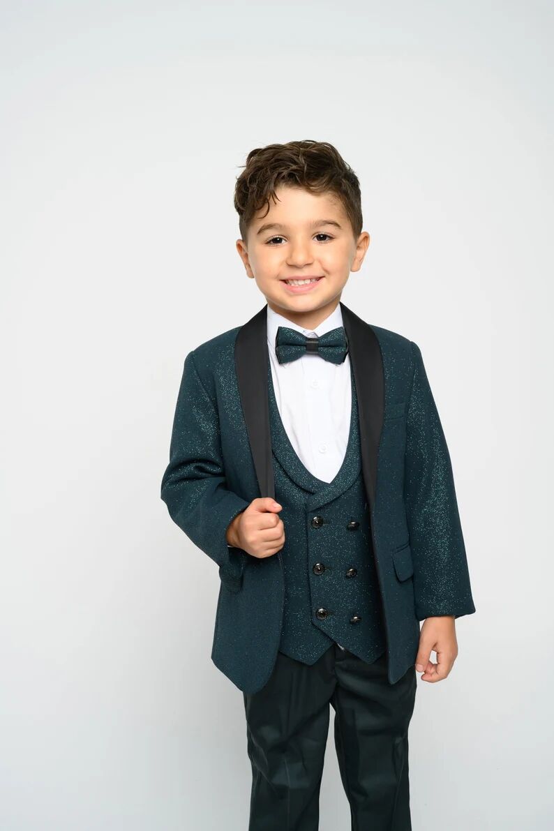 Dark Green Sequins Boy Formal Suits Wear Dinner Tuxedos Little Boys Kids For Wedding Party Evening Suit Birthday 3 Pieces
