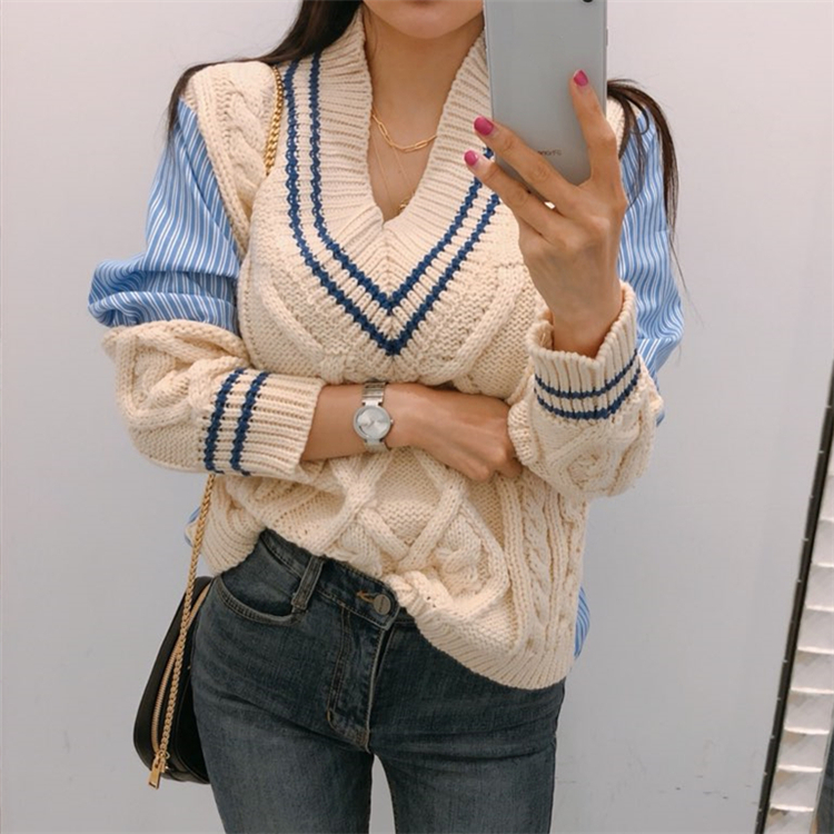 Colorfaith Autumn Winter Women's Sweaters Patchwork Srtiped V-Neck pullover Stylish Knitted Korean Female Jumpers SW1703 201111wtt