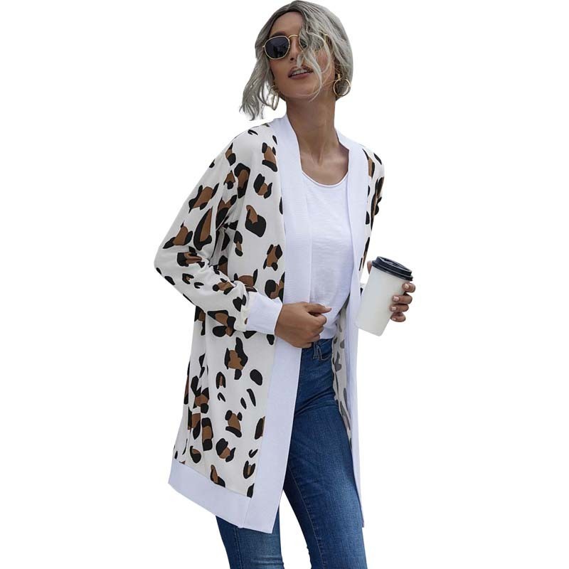 Autumn Winter Leopard Thin Knitted Cardigan Coat Women Long Sleeve Plus Size Fashion Vintage Cardigans Female Long Cardigan 201031